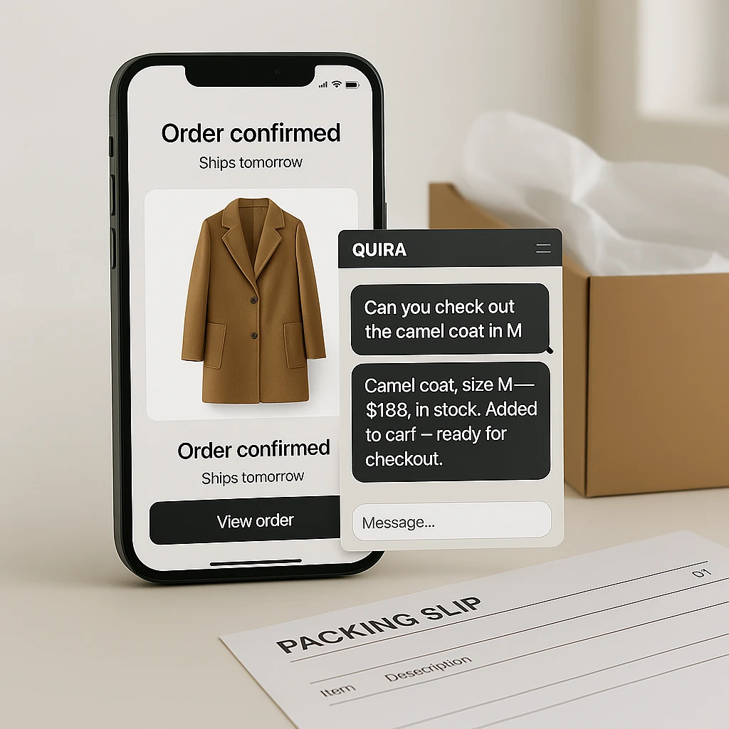 Phone with QUIRA chat closing a coat order — packing box and checkout confirmed