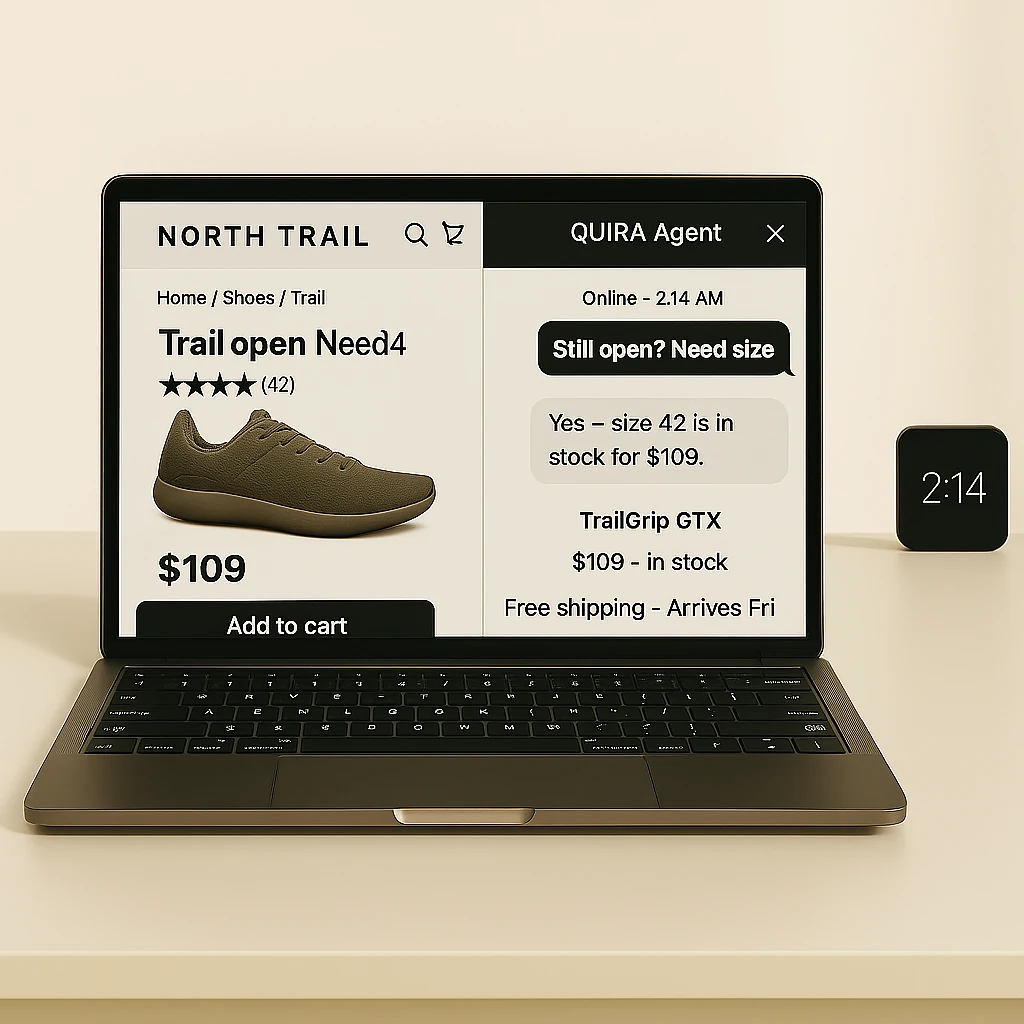 Laptop with QUIRA chat at 2:14 AM — reply with real price and stock