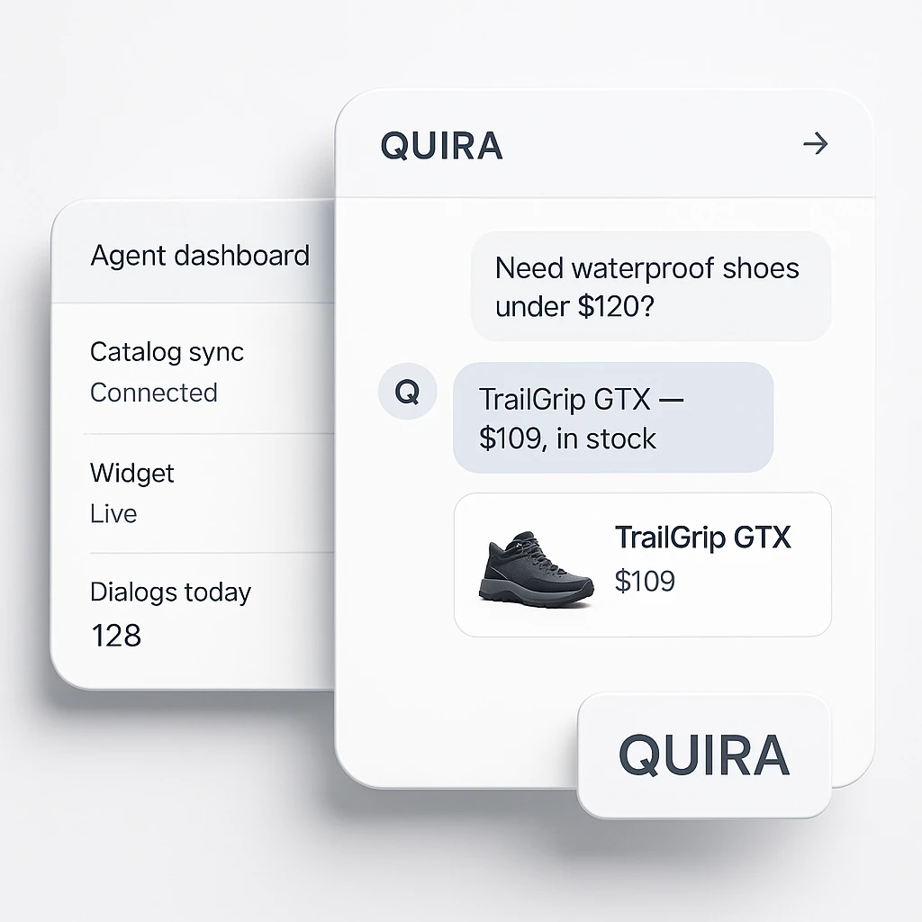 Floating QUIRA app UI — storefront chat and agent dashboard